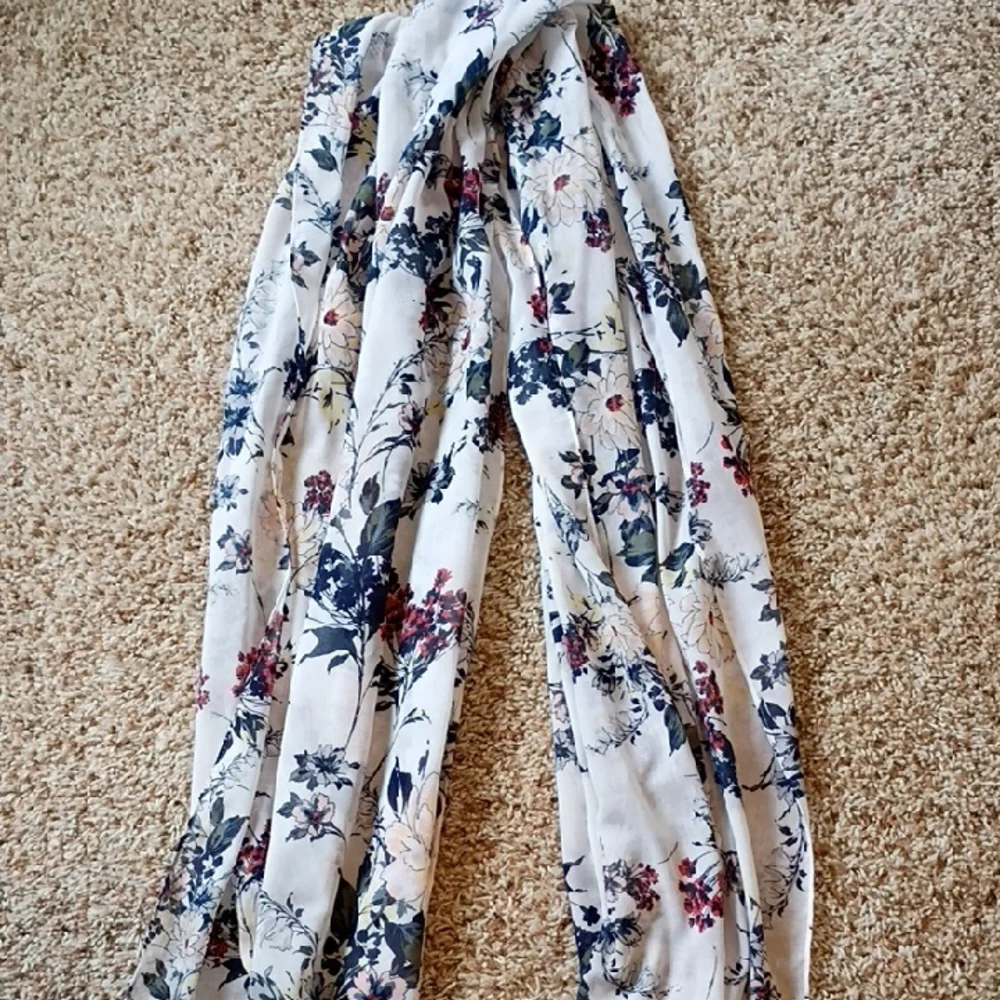 Loft Fashion White Floral Scarf with Navy & Burgundy Accents
